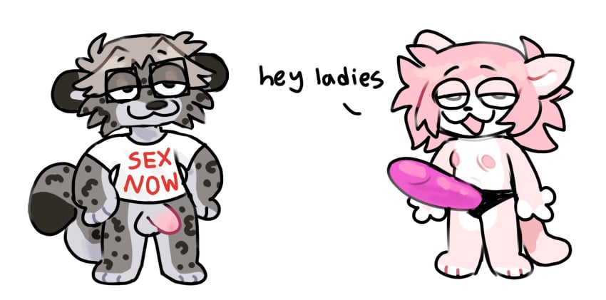 2024 :3 ambiguous_gender anthro balls big_strapon bottomless bottomless_anthro bottomless_male breasts catgenderzz clothed clothing domestic_cat duo eyewear felid feline felis flirting flirting_with_viewer fur genitals glasses grey_body grey_fur hi_res looking_at_viewer male mammal nipples nonbinary_(lore) open_:3 pantherine penis pink_body pink_fur shirt shirt_only simple_background small_breasts smug snow_leopard starburst_(catgenderzz) strapon tail topwear topwear_only yarn_(snowwhisk)