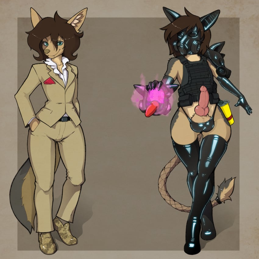 anthro canid canine canis clothing erection gas_mask hi_res husdur jackal latex latex_clothing latex_legwear legwear male mammal mask supervillain