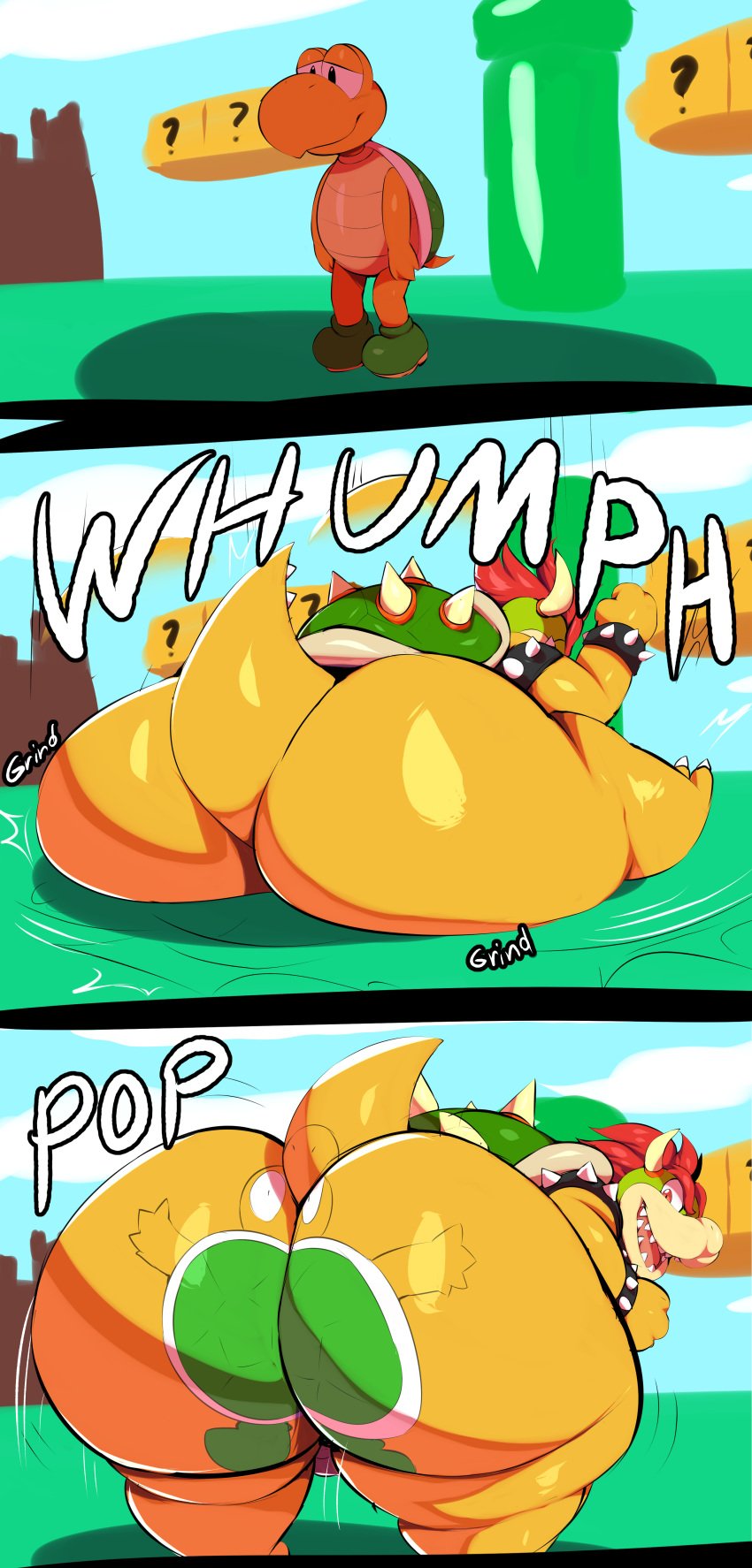 2019 absurd_res ambiguous_gender anthro ass big_butt bowser butt_crush buttcrush_aftermath comic crush detailed_background duo flattened hair hi_res horn koopa koopa_troopa male mario_(series) nintendo scalie slobstash smile spikes squish stuck_to_ass stuck_to_butt super_mario_bros. video_games