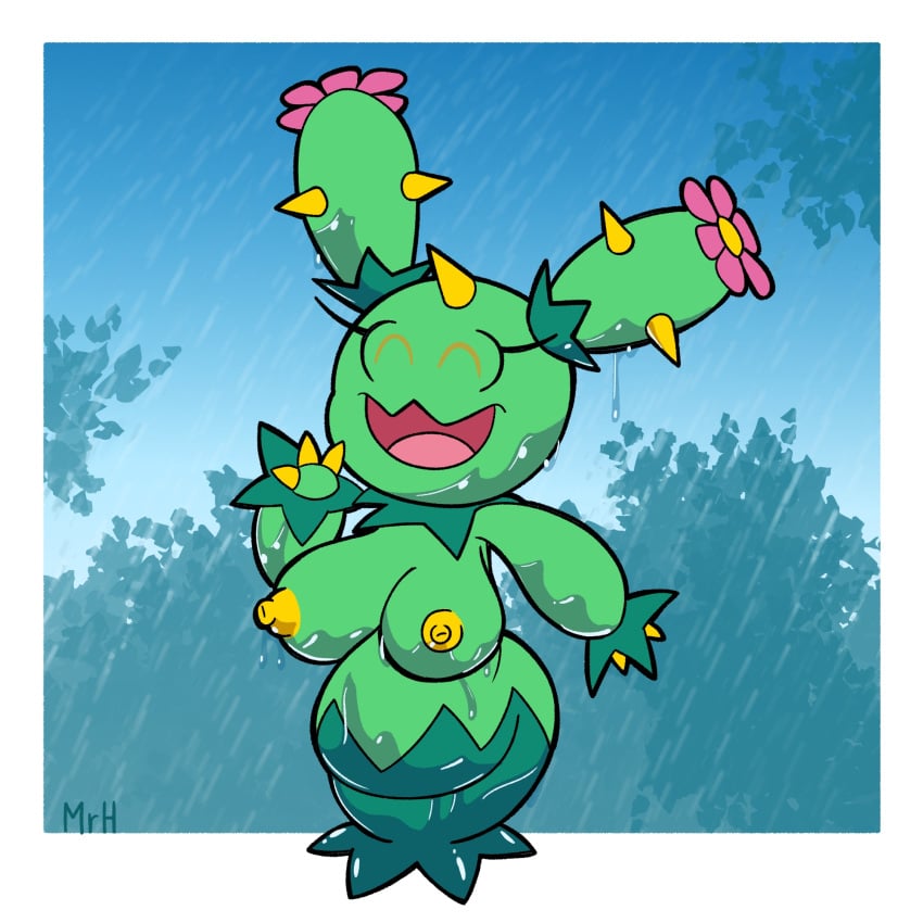 anthro belly big_breasts breasts cactus cactus_creature el_senor_erizo elemental_creature eyelashes female flora_fauna flower generation_5_pokemon green_body hi_res maractus multicolored_body nintendo nipples open_mouth overweight plant pokemon pokemon_(species) raining smile soaked solo thorns two_tone_body water yellow_eyes yellow_nipples