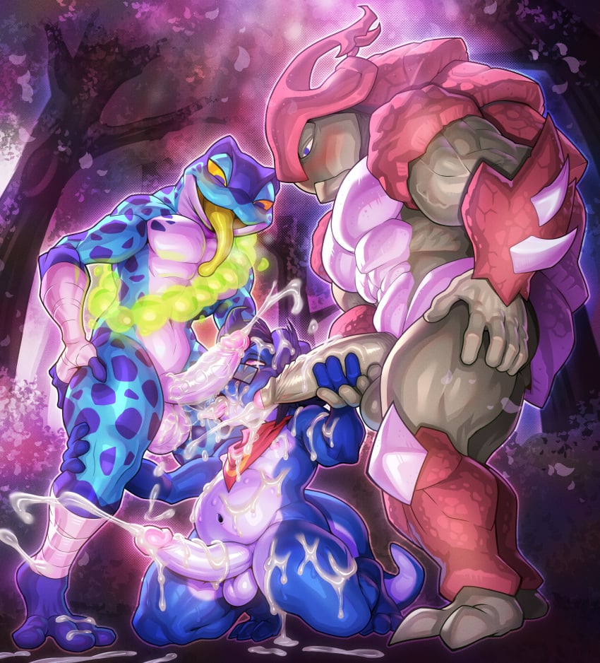 2024 abs absurd_res amphibian ankle_wraps anthro arthropod balls beetle belly big_belly big_penis blue_body blue_hair blue_scales blue_skin bodily_fluids bukkake cum cum_on_arm cum_on_balls cum_on_belly cum_on_body cum_on_chest cum_on_face cum_on_ground cum_on_penis cum_pool cum_string ejaculation erection eyewear foreskin frog genital_fluids genitals gerrkk glasses group hair handjob hands-free hi_res horn huge_filesize humanoid_genitalia humanoid_penis insects interspecies kerchief kerchief_only kneeling kragg lizard male male/male mostly_nude muscular muscular_anthro muscular_male neckerchief neckerchief_only neckwear nipples nude open_mouth pecs penile penis poison_dart_frog ranno rectangular_glasses reptile rhinoceros_beetle rivals_of_aether scales scalie scarabaeid sex sweat tongue tongue_out trio ulti_(ultilix) uncircumcised yellow_tongue