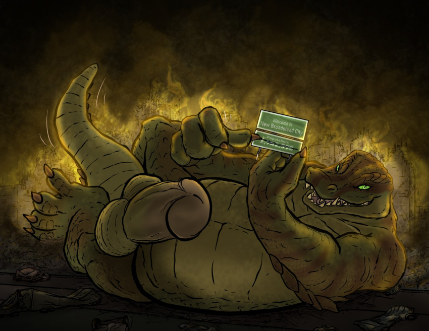 4_fingers abs anthro balls biceps big_penis building burning_building carnak_(carpo) city city_destruction cityscape claws crocodile crocodilian destruction detailed_background erection feet fingers fire genitals green_body green_eyes house humanoid_genitalia humanoid_penis landscape_dwarfing looking_at_viewer macro male muscular muscular_anthro muscular_male nude open_mouth outside pecs penis pyronite(commissioner) rampage reptile scalie smile solo tail teeth text toes tyrnn vehicle vehicle_destruction