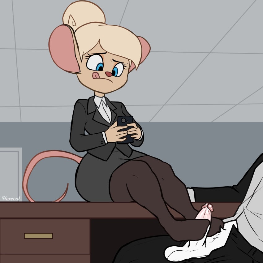 absurd_res anthro blonde_hair blue_eyes clothing desk duo eyeshadow faceless_character faceless_male fan_character feet female foot_fetish foot_play footjob footjob_with_legwear furniture genitals hair hexecat hi_res humanoid_feet legwear makeup male mouce office on_desk pantyhose penile penis plantigrade sex table tammy_(lfswail)