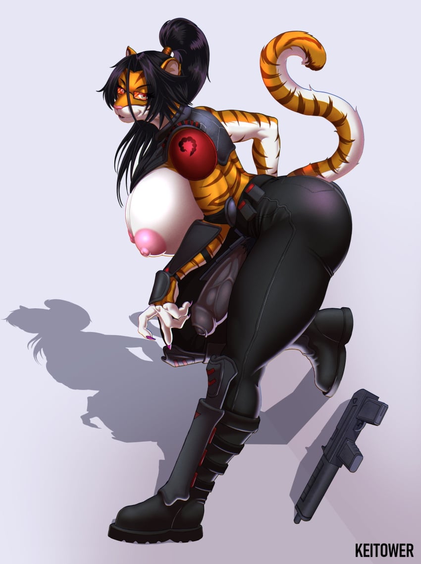 anthro armor balls breasts dark_hair erection eyewear felid fur futanari genitals glasses gun gynomorph hair hi_res intersex keitower mammal nipples pantherine penis ponytail ranged_weapon rifle simple_background solo tiger unconvincing_armor weapon zhali
