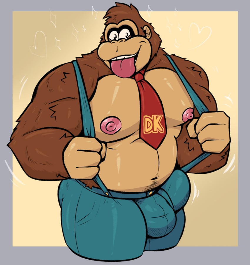 2025 anthro ape areola balls balls_outline barazoku belly big_bulge big_pecs biped brown_body brown_fur bulge detailed_bulge donkey_kong donkey_kong_(character) donkey_kong_(dkbananza) donkey_kong_(series) donkey_kong_bananza donkey_kong_in_overalls fur genital_outline gorilla haplorhine hi_res male mammal musclegut muscular muscular_anthro muscular_male necktie nintendo nipples overweight overweight_anthro overweight_male pecs pink_nipples portrait primate pure_command shirtless solo stocky suspenders suspenders_pull three-quarter_portrait tongue tongue_out