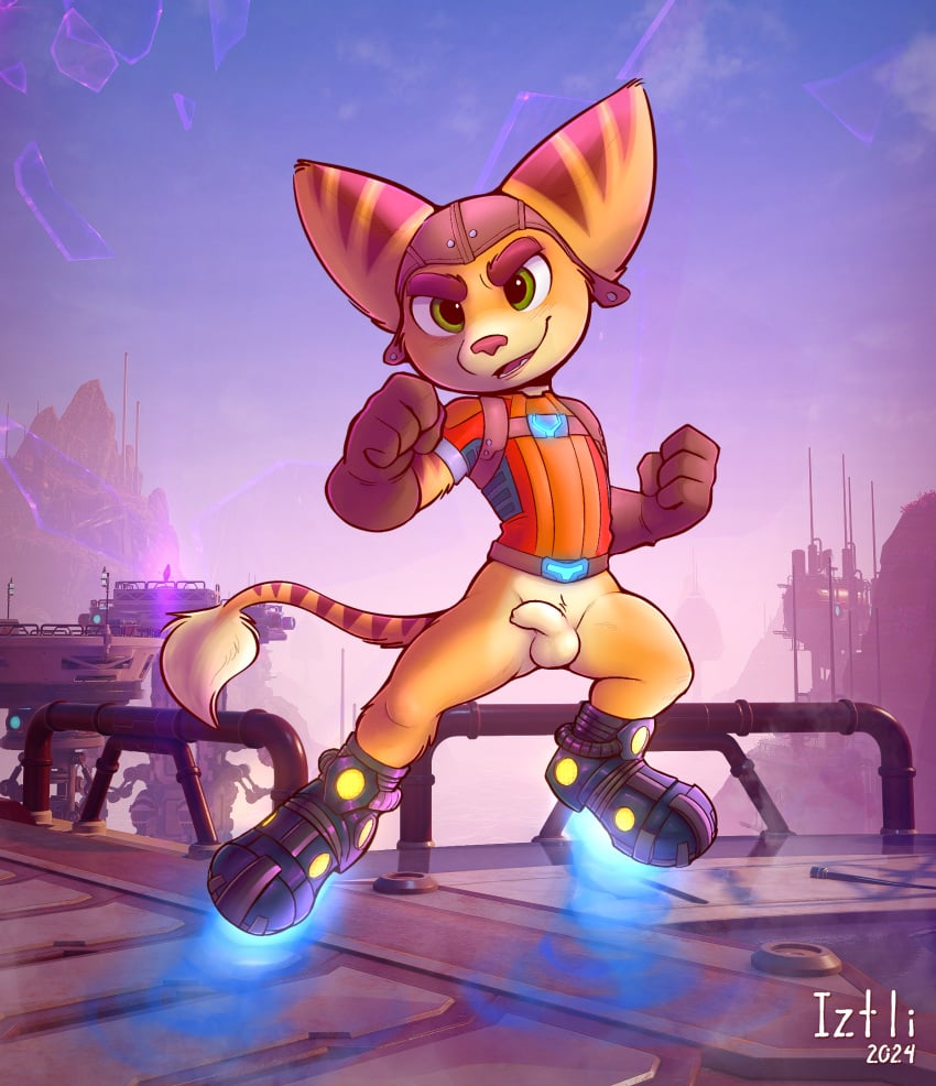 2024 4_fingers anthro artist_name balls boots clothed clothing eyebrows fangs fingers flaccid footwear foreskin fur genitals gloves green_eyes handwear hi_res humanoid_genitalia humanoid_penis iztli lombax male mammal orange_body orange_fur pantsless penis ratchet_(ratchet_and_clank) ratchet_and_clank shoes solo sony_corporation sony_interactive_entertainment teeth text uncircumcised