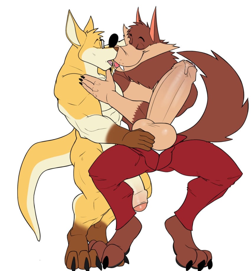 2024 al_song anthro balls big_balls big_penis bodily_fluids bottomwear canid canine canis clothed clothing dripping duo erection eyewear flaccid foreskin genital_fluids genitals glasses hank_howell_(piti_yindee) hi_res humanoid_genitalia humanoid_penis kangaroo kissing macropod male male/male mammal marsupial nude open_bottomwear open_clothing open_pants pants penis piti_yindee precum precum_drip seyrmo topless uncircumcised wolf