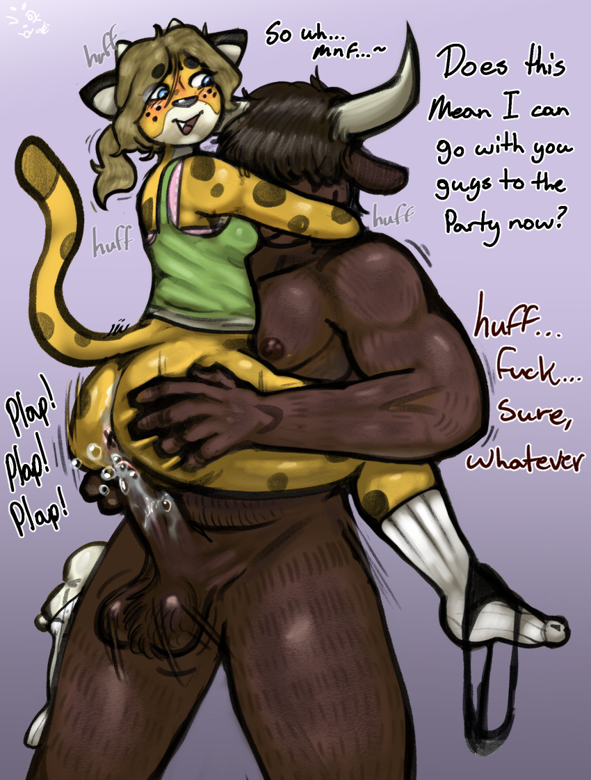 ankle_socks anthro bajaboobey bargaining big_penis bodily_fluids bovid bovine cattle cheetah clothed clothing clothing_around_one_leg felid feline female footwear genital_fluids genitals hairy hi_res kelsey male male/female mammal panties panties_around_one_leg panties_down partially_clothed penis sex size_difference slim socks standing standing_sex underwear underwear_around_one_leg underwear_down vaginal_fluids