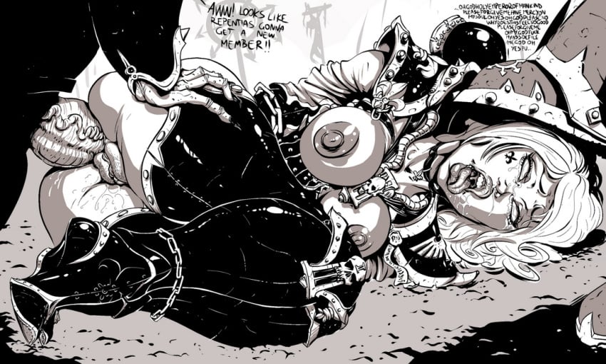 1girls adepta_sororitas ahe_gao ahegao anal anal_penetration armor arms_behind_back big_areola big_breasts big_nipples big_penis black_and_white bondage breasts broken_rape_victim chained chaos_(warhammer) chaos_space_marine close-up defeated defeated_heroine dialogue english_text excessive_pussy_juice eyes_rolling_back female female_focus foot_on_head fucked_silly heels high_heels hips imperium_of_man ironcoin male mind_break mindbreak monochrome narrowed_eyes nipples penis perky_breasts plump_labia power_armor puffy_areola pussy pussy_juice rape restrained rolling_eyes sister_of_battle stepped_on straight text thick_penis thighs tight_fit veiny_penis warhammer_(franchise) warhammer_40k white_hair