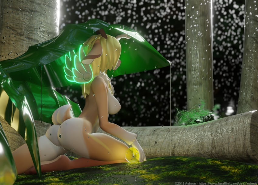 3d anthro ashnar ass barely_visible_genitalia barely_visible_pussy blonde_hair breasts feathered_wings feathers female hair horns lagomorph mammal nude phina_(ashnar) pussy raining solo tree wings wolpertinger