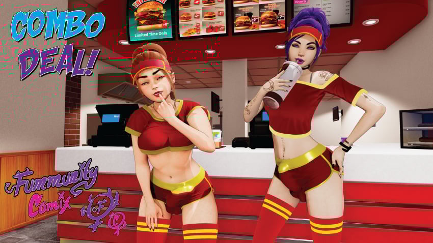 2futas 3d absurd_res black_nails breasts brown_hair bulge bulge_to_side comic crop_top dolphin_shorts fast_food fast_food_uniform fummunity_comix futanari goth green_eyes intersex light-skinned_futa light-skinned_futanari light_skin looking_at_viewer medium_breasts navel purple_hair purple_lipstick red_lipstick red_nails shorts tattoo thighhighs