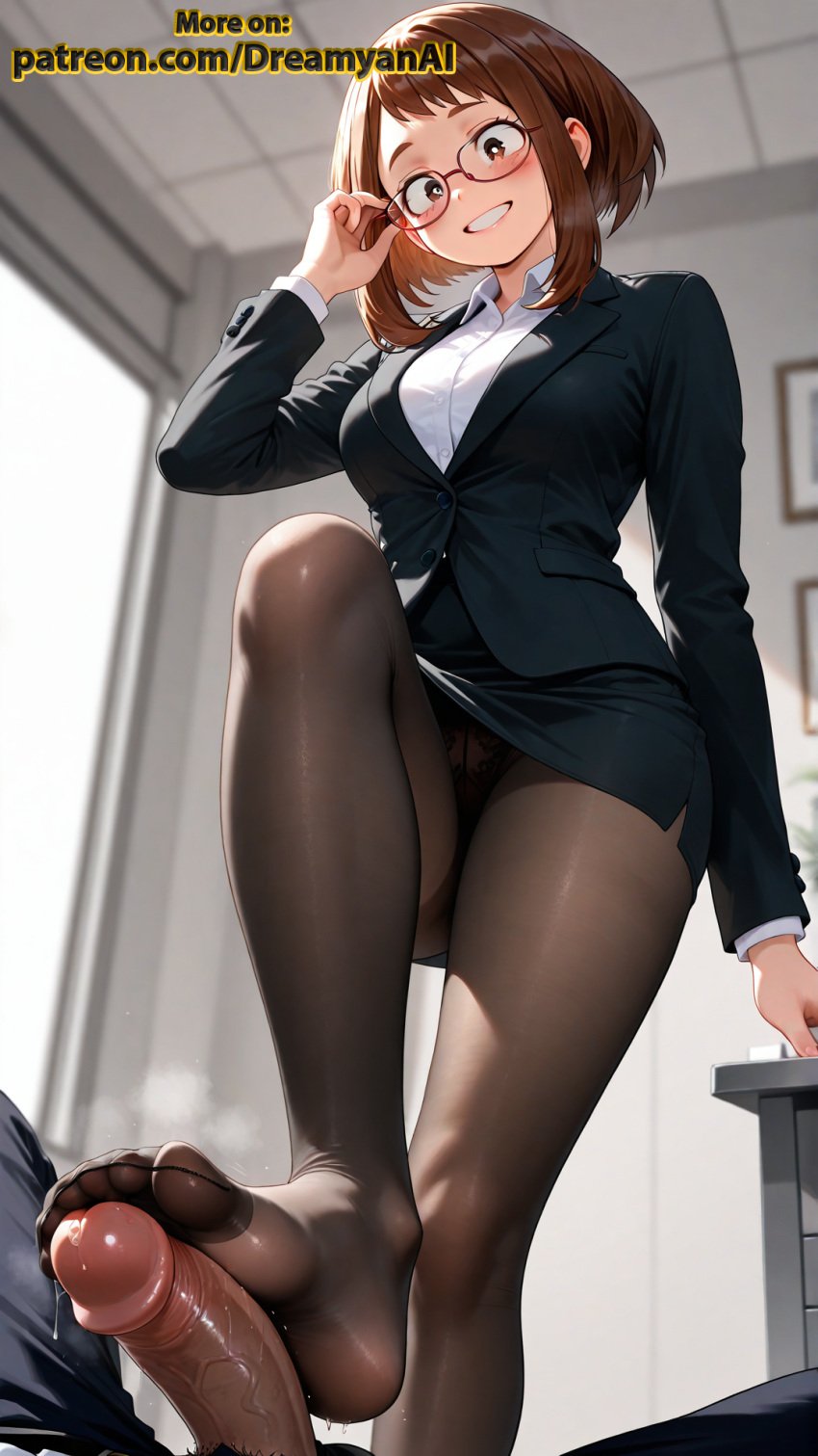 2025 ai ai_assisted ai_generated anime anime_style artist_name big_breasts big_butt black_legwear blush boku_no_hero_academia breasts brown_eyes brown_hair dreamyan_ai feet female footjob glasses hi_res high_quality high_resolution highres legs my_hero_academia ochako_uraraka office_lady patreon pov pov_male secretary smile smiling thick_ass thick_legs thick_thighs thighs tight_clothing tight_fit tights uncensored uraraka_ochako white_body white_skin
