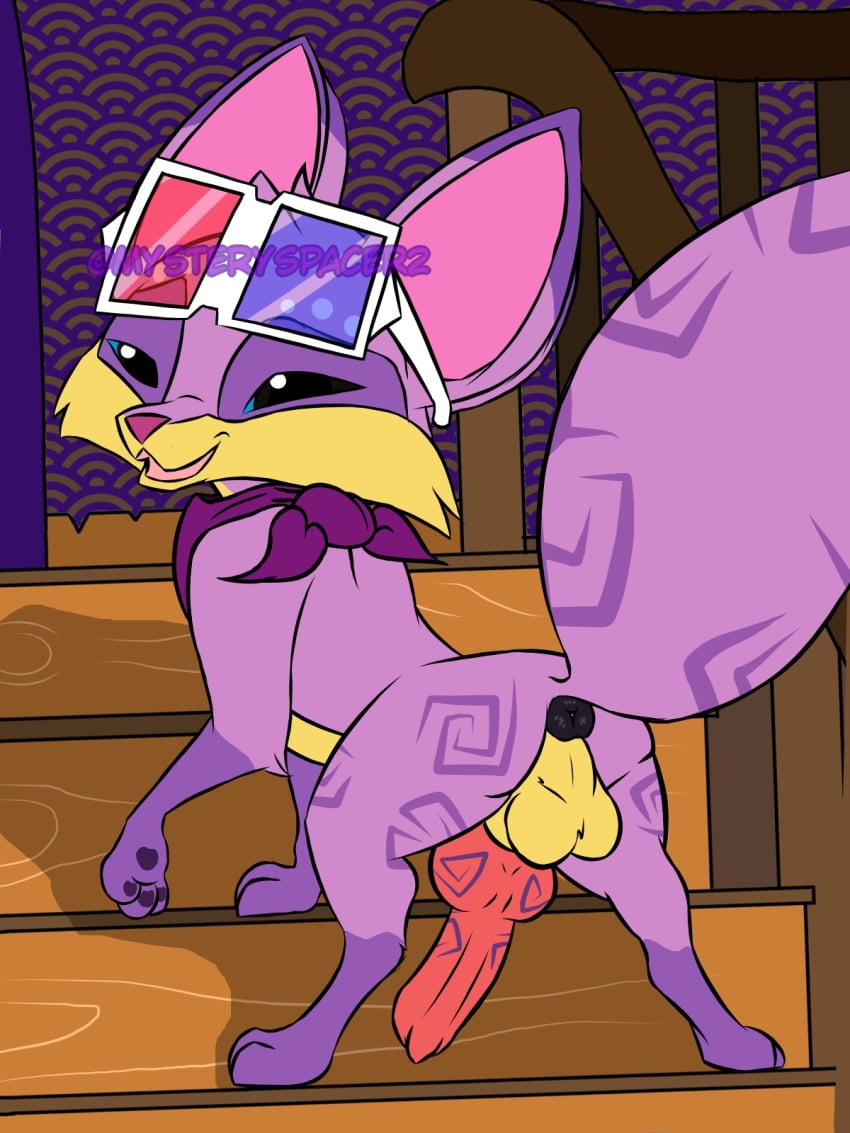 animal_jam anus ass ass_up balls canid canine feral flirting fox fur genitals handkerchief hi_res kerchief knot ladder lens_flare looking_at_viewer looking_back male male_only mammal markings maximilianofox pawpads paws penis purple_body purple_fur smile solo spread_legs spreading tail tribal tribal_markings wildworks