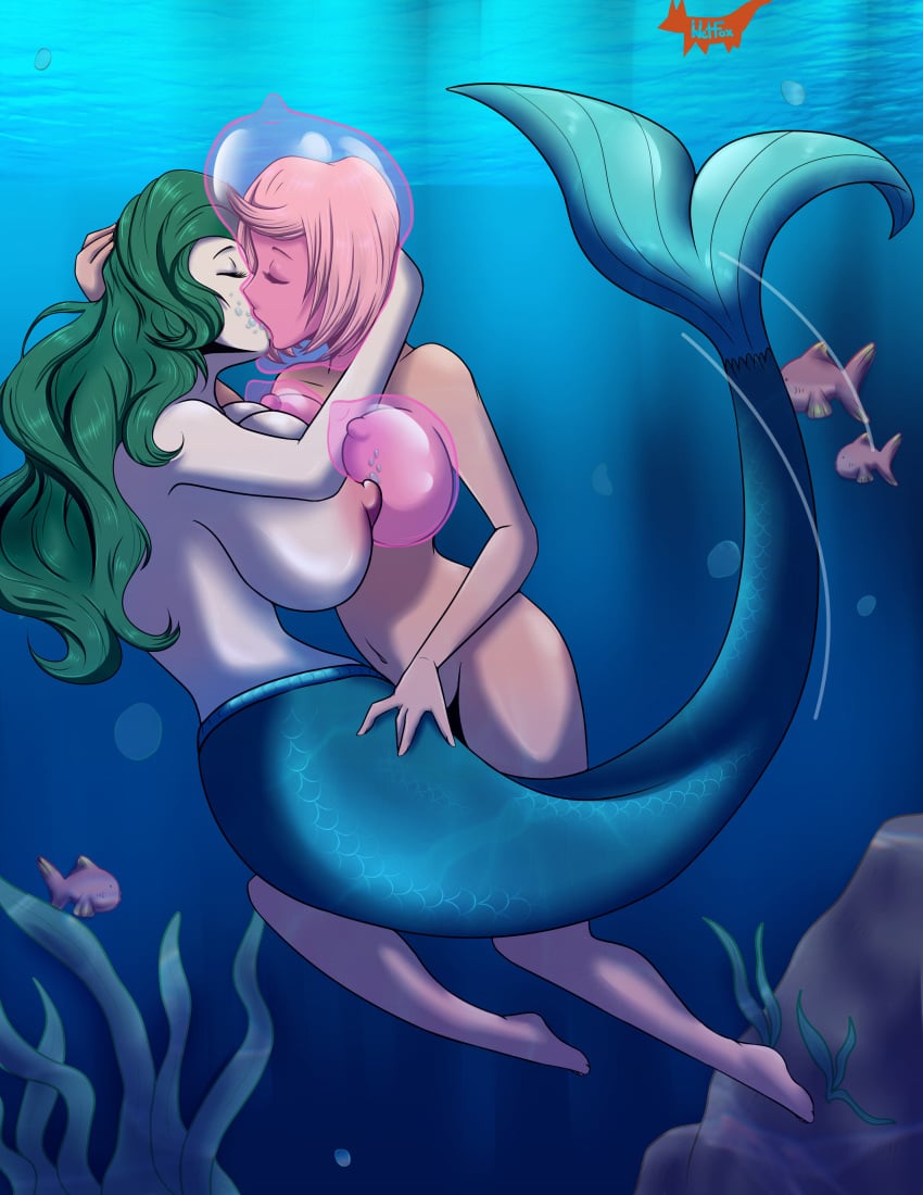 2girls blue_tail bubbles female human jpeg kissing lesbian mermaid nude original tail underwater water wetfox yuri