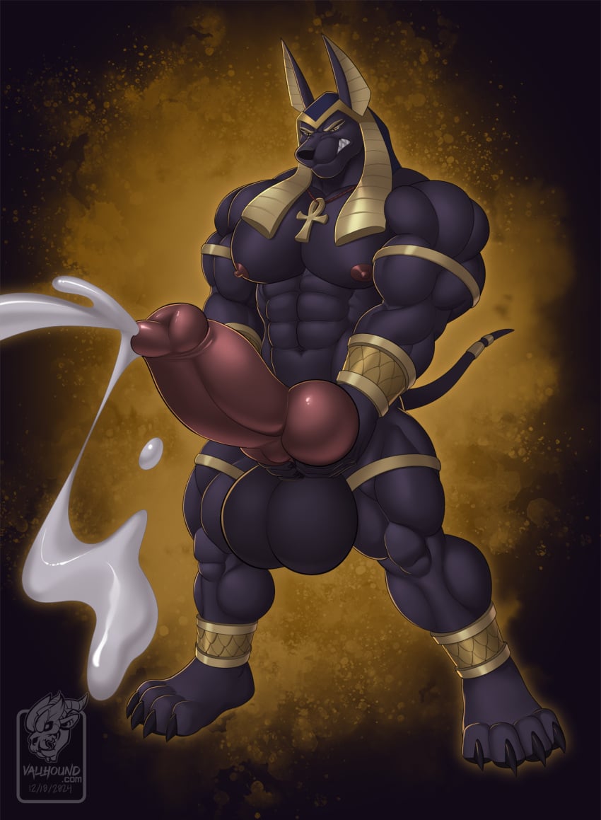 2024 abs animal_genitalia animal_penis anthro anubis big_penis bodily_fluids canid canine canine_genitalia canine_penis canis cum cumshot deity egyptian_mythology ejaculation erection genital_fluids genitals hi_res huge_cock hyper hyper_genitalia hyper_penis jackal knot male mammal middle_eastern_mythology mostly_nude muscular muscular_anthro muscular_male mythology navel nipples pecs penis solo vallhound