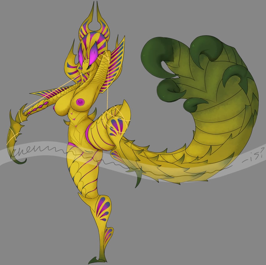 absurd_res ahtal-ka anthro areola arthropod breasts capcom claws female genitals hi_res horn insects khemmmis mantis monster_hunter neopteron nipples non-mammal_breasts nude pussy simple_background solo tail yellow_body