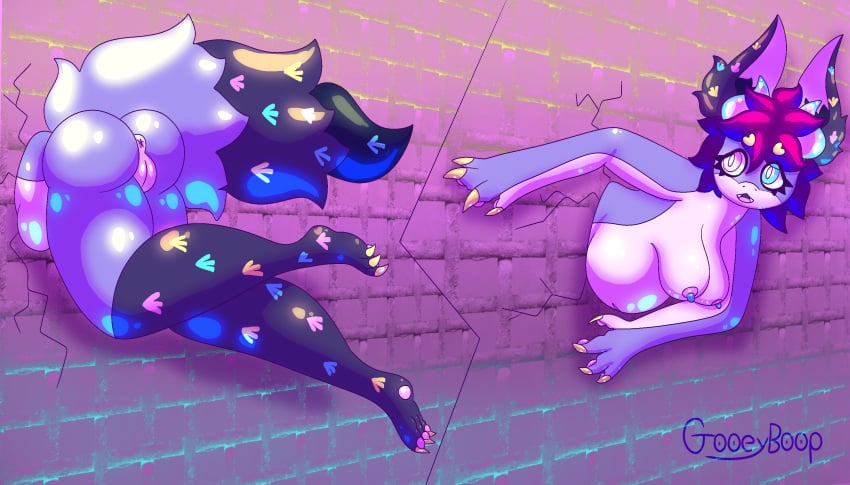 anthro anus ass belly belly_squish bondage breasts claws female fluffy fluffy_tail fur furred_scalie genitals gooeyboop heterochromia hi_res horn kobold navel nonbinary_(lore) overweight overweight_female predicament purple_body pussy scalie short slightly_chubby solo squish stuck tail thick_thighs through_wall wall_(structure) worried worried_face worried_look