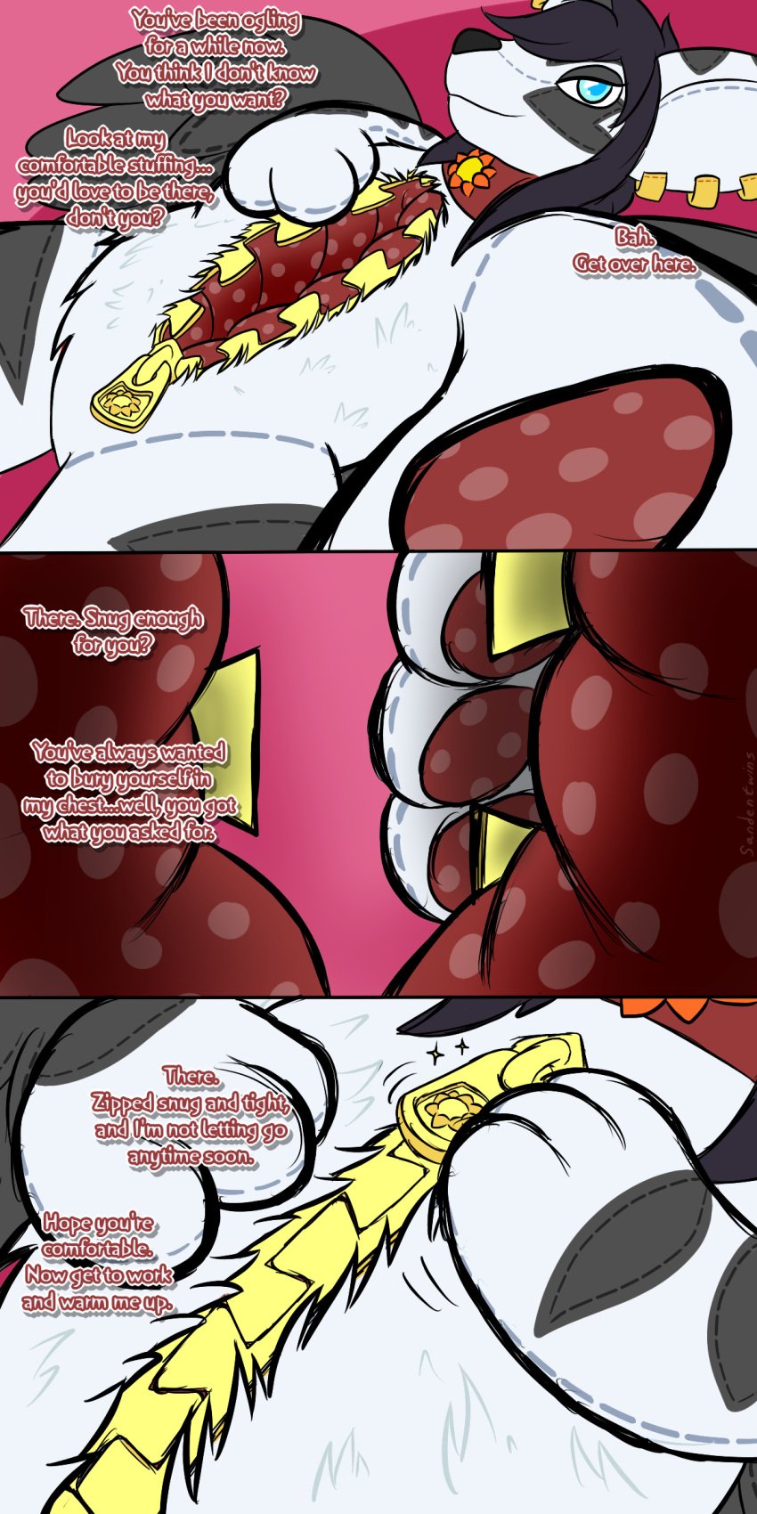 absurd_res animate_inanimate anthro black_hair blue_eyes collar comic ear_piercing ear_ring endosoma english_text female first_person_view fur hair hi_res living_plushie looking_at_viewer mammal markings pawpads piercing plushie plushie_vore polka_dots ring_piercing safe_vore sakido_elexion sandentwins seam_(sewing) slightly_damned solo sparkles striped_markings stripes stuffing sun_pendant talking_to_viewer teasing teasing_viewer text vore white_body white_fur wings zipper