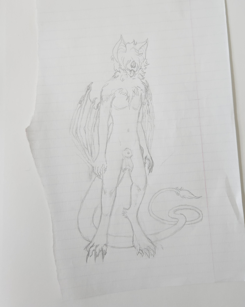 absurd_res animal_genitalia anthro babylonya babylonya_(babylonya) balls bat claws digitigrade genitals hi_res lined_paper long_tail male mammal mane membrane_(anatomy) membranous_wings nude_anthro obscured_eyes sheath solo tail tail_tuft tuft winged_arms wings