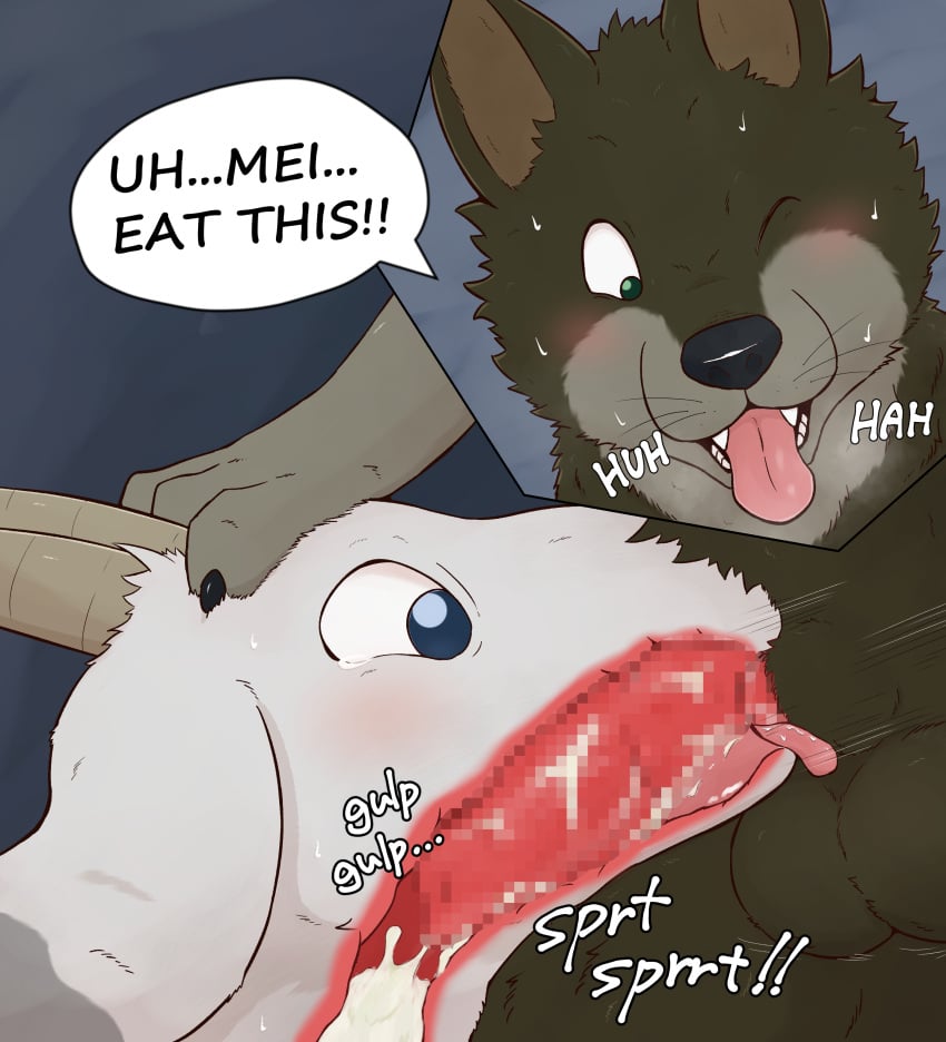 absurd_res anago_vaccine animal_genitalia animal_penis anthro balls blue_eyes blush bodily_fluids bovid canid canine canine_genitalia canine_penis canis caprine censored cum cum_feeding cum_in_mouth cum_inside dialogue digital_media_(artwork) drinking drinking_cum duo ejaculation english_text erection excessive_cum excessive_genital_fluids feral feral_on_feral fur gabu genital_fluids genitals goat green_eyes grey_body grey_fur hi_res horn interspecies knot knotting male male/male mammal mei_(one_stormy_night) one_eye_closed one_stormy_night open_mouth oral oral_knotting oral_penetration orgasm orgasm_face paws penetration penile penis sex simple_background sound_effects speech_bubble sweat tears text thrust_lines tongue tongue_out wolf