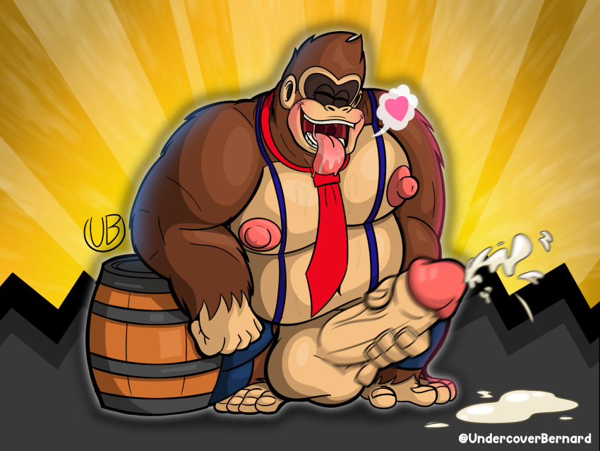 anthro ape barrel big_nipples big_penis bodily_fluids closed_eyes clothing cum cum_pool cumshot donkey_kong donkey_kong_(character) donkey_kong_(dkbananza) donkey_kong_(series) donkey_kong_bananza donkey_kong_in_overalls ejaculation feral genital_fluids genitals gorilla haplorhine hi_res humanoid_genitalia humanoid_penis male mammal masturbation motion_blur necktie nintendo nipples open_mouth overalls penetration penile penile_penetration penis primate saliva solo sweat undercoverbernard uvula