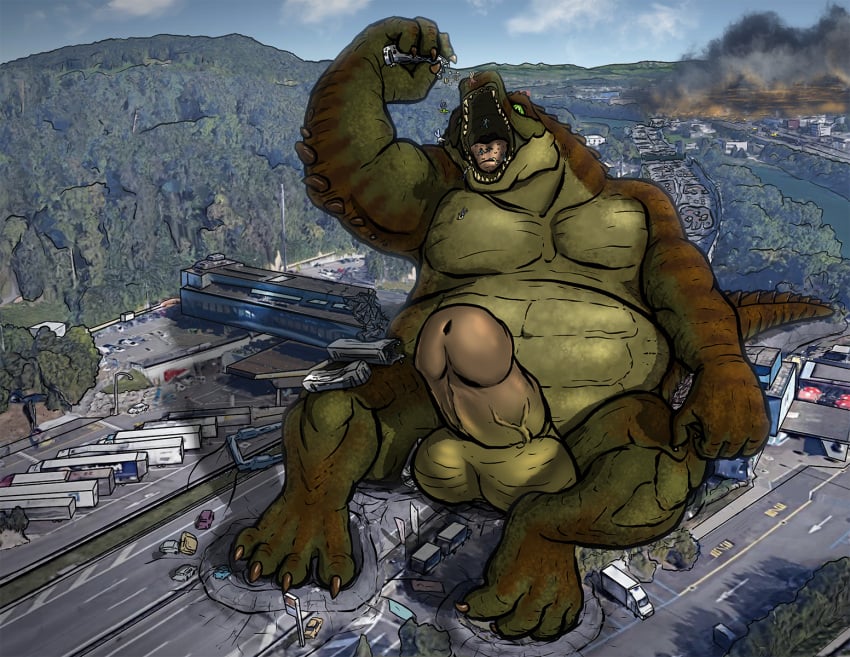anthro balls big_penis big_tail car carnak_(carpo) city city_destruction cityscape claws crocodile crocodilian crush destroyed_vehicle destruction eating erection feet finger_claws fingers footprint genitals green_body hi_res highway macro male micro_human muscular muscular_male nude open_mouth pawprint paws pecs penis pyronite(commissioner) rampage reptile scalie solo tail teeth toe_claws toes tyrnn vehicle vein veiny_penis