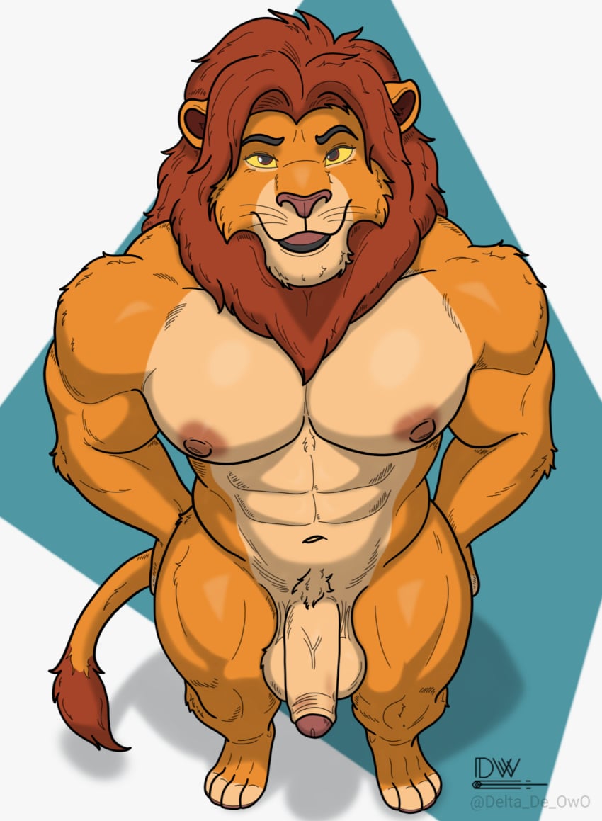 abs anthro anthrofied balls biceps delta_dewitt digital_media_(artwork) disney erection felid foreskin fur genitals hair hi_res high-angle_view humanoid_genitalia humanoid_penis lion looking_at_viewer male mammal muscular muscular_male nipples nude pantherine pecs penis simba_(the_lion_king) simple_background solo standing tail the_lion_king uncircumcised