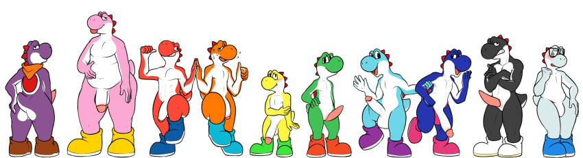 2019 absurd_res animal_genitalia animal_penis anthro ass balls black_yoshi blue_yoshi blush bodily_fluids boots clothing cyan_yoshi erection eyewear footwear green_yoshi group hi_res humanoid_penis looking_at_viewer male mario_(series) muscular muscular_male nintendo open_mouth orange_yoshi overweight overweight_male pecs penis pink_yoshi purple_yoshi red_yoshi reptile scalie secrets-from-dark simple_background size_difference smile standing sweat tongue tongue_out video_games white_background white_yoshi yaoi yellow_yoshi yoshi