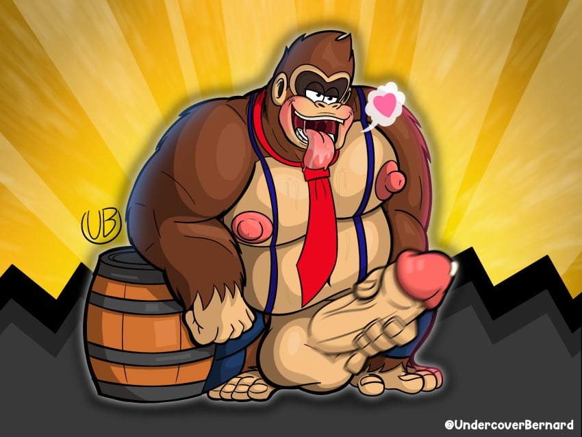 anthro ape barrel big_nipples big_penis bodily_fluids breath clothing donkey_kong donkey_kong_(character) donkey_kong_(dkbananza) donkey_kong_(series) donkey_kong_bananza donkey_kong_in_overalls feral genital_fluids genitals gorilla haplorhine heart_symbol hi_res humanoid_genitalia humanoid_penis male mammal masturbation motion_blur necktie nintendo nipples open_mouth overalls panting penetration penile penile_penetration penis precum primate saliva solo sweat undercoverbernard uvula