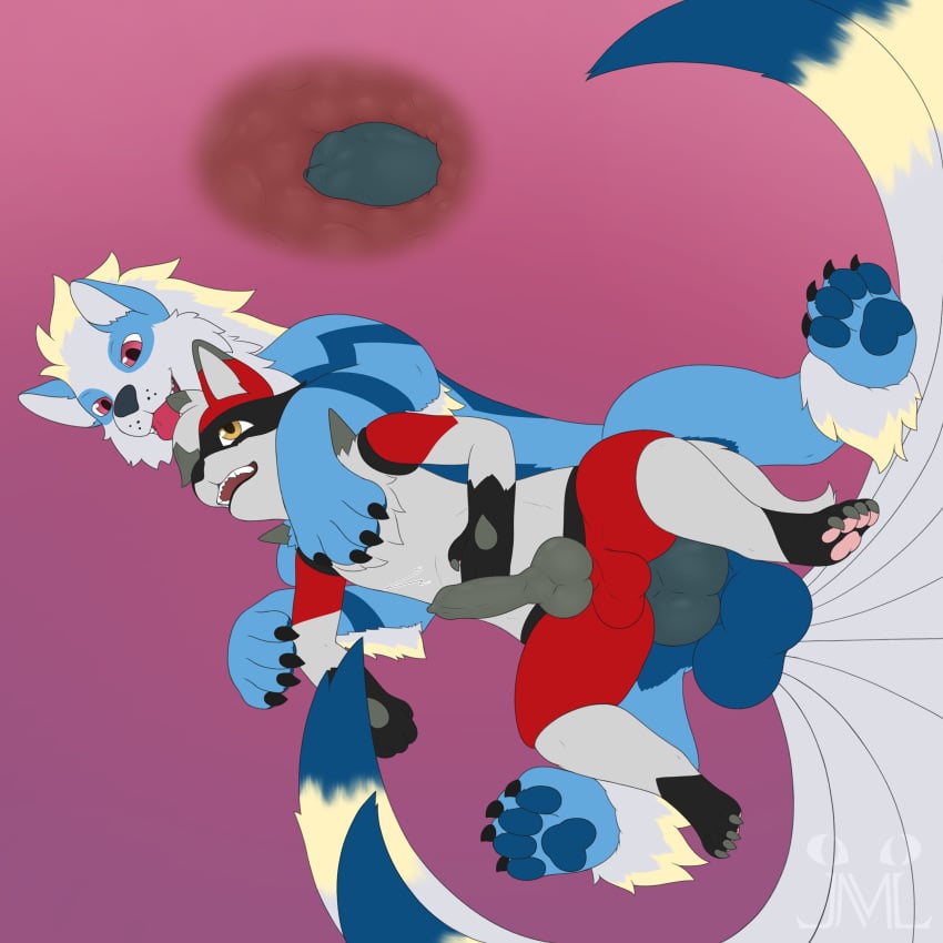 absurd_res anal anal_sex animal_genitalia animal_penis anthro anthro_on_feral arcanine blue_body blue_fur canine_genitalia canine_penis duo erection fan_character feral fur fusion generation_1_pokemon generation_4_pokemon generation_7_pokemon genitals grey_body grey_fur hi_res jm-luxro knot lucario lycanroc lying male male/male multi_tail ninetales nintendo on_side penetration penis pokemon pokemon_(species) pokemon_fusion red_body red_eyes red_fur size_difference smaller_penetrated stomach_bulge tail tongue tongue_out x-ray_view yellow_eyes zoophilia