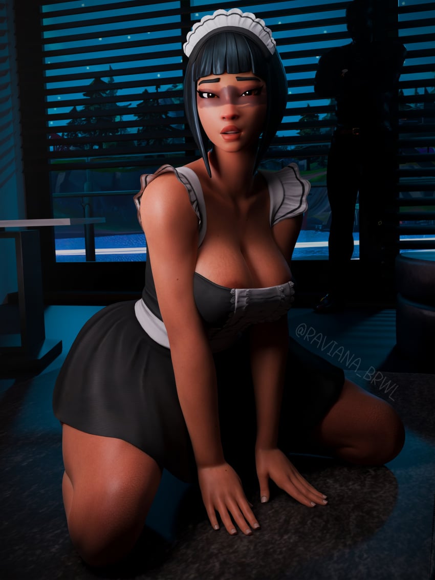 1boy 1boy1girl 1girls 3d areola_slip areolae bare_shoulders black_hair cleavage clothed clothed_female epic_games face_markings female female_focus fortnite fortnite:_battle_royale legs_apart light-skinned_female light_skin looking_at_viewer maid maid_headdress maid_outfit maid_uniform male on_hands_and_knees on_knees open_mouth raviana_brwl shadow_ops short_hair tagme unseen_male_face