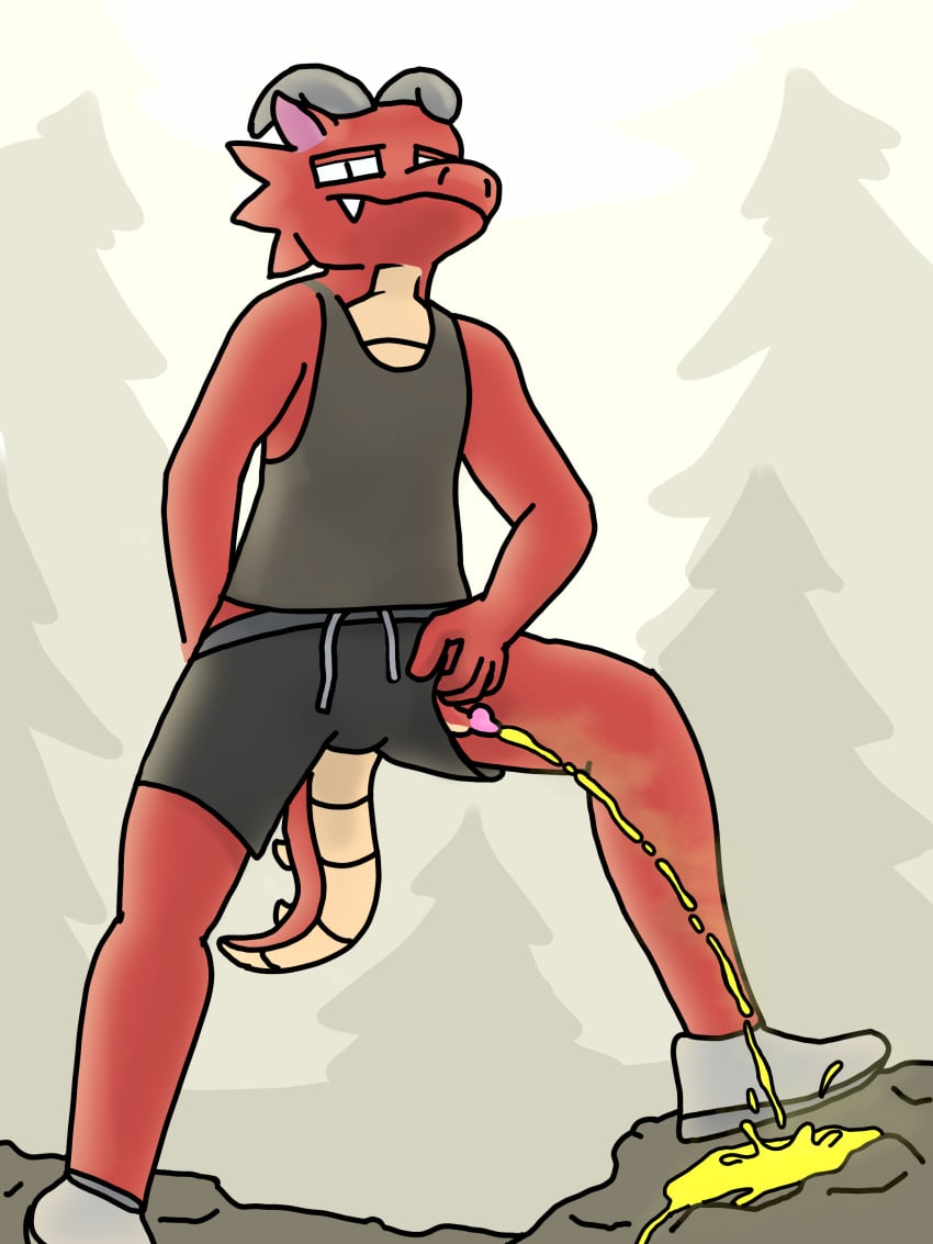 absurd_res anthro bodily_fluids clothed clothing colored cringeboye dragon genital_fluids genitals hi_res horn looking_at_viewer male mythological_creature mythological_scalie mythology outside peeing peeing_on_ground penis penis_poking_out penis_through_clothing penis_through_leghole plant scalie shaded simple_background simple_shading solo standing standing_pee tail tree urine urine_on_ground urine_stream watersports