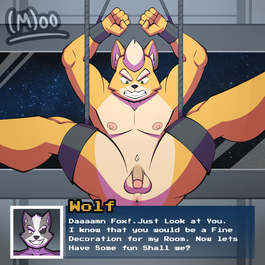absurd_res anal animal_humanoid anus ass balls bondage bondage bound canid canine canis circumcised cosmic_background cuff_(restraint) digital_drawing_(artwork) digital_media_(artwork) duo english_text flaccid fox fox_mccloud fur genitals hair hi_res humanoid humanoid_genitalia humanoid_penis male male/male mammal mammal_humanoid nintendo nipples nude penis restraints space space_background star_fox text torito_moo wolf wolf_o&#039;donnell