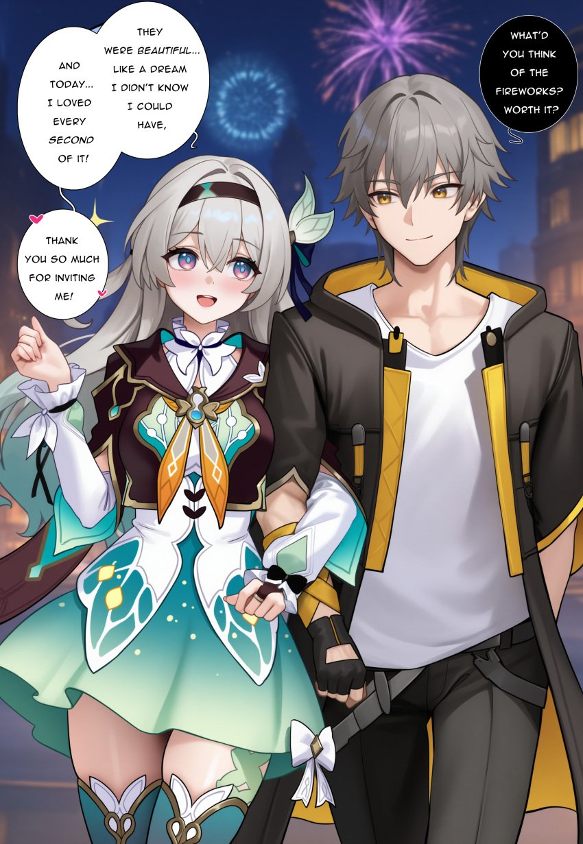 1boy :d ai_generated black_gloves black_hairband black_jacket black_pants blush bow caelus_(honkai:_star_rail) closed_mouth cowboy_shot cropped_jacket english_text female fingerless_gloves firefly_(honkai:_star_rail) fireworks gloves grey_hair hair_between_eyes hair_intakes hair_ornament hairband honkai:_star_rail hood hooded_jacket jacket long_hair long_sleeves looking_at_another male neckerchief night ntr open_clothes open_jacket open_mouth orange_neckerchief pants shirt short_hair sidelocks skirt smile speech_bubble straight thighhighs vysetf white_bow white_shirt yellow_eyes zettai_ryouiki