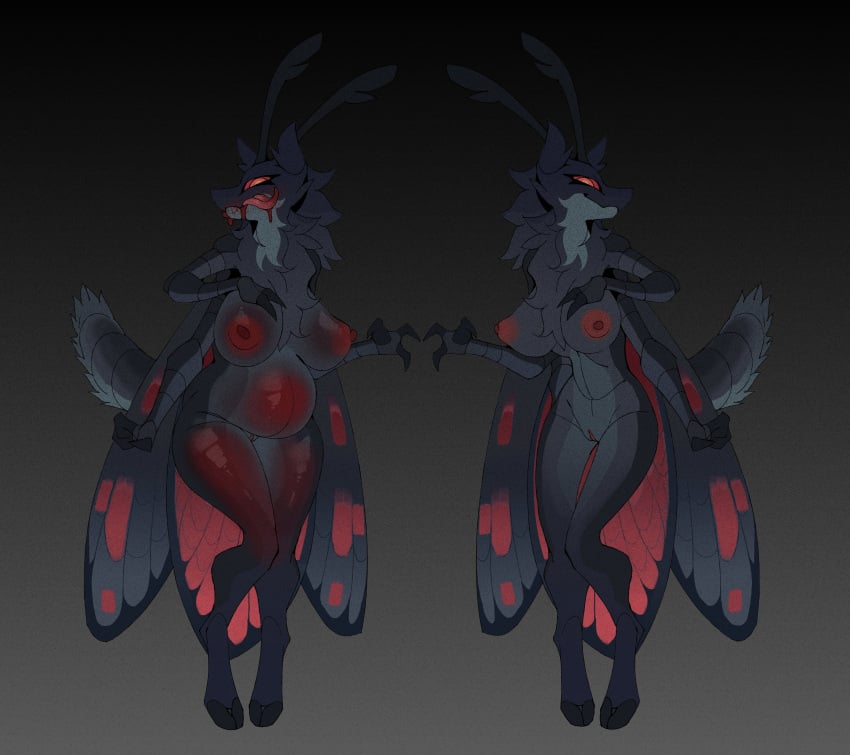 absurd_res antennae_(anatomy) areola arthropod arthropod_abdomen belly big_areola big_breasts bloated blood bodily_fluids breasts character_request cyber_d1e female genitals hi_res huge_breasts insects lepidopteran looking_at_viewer moth nipples nude puffy_areola pussy red_eyes simple_background solo thick_thighs tongue wide_hips wings