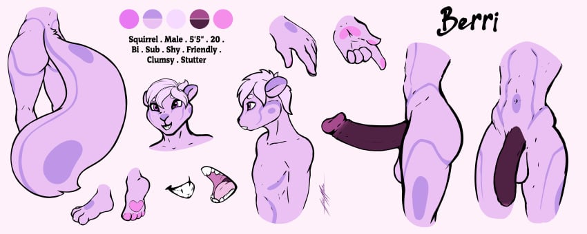 2019 4_toes absurd_res anthro balls barefoot berri_(h-key) big_penis buckteeth fur h-key hair hi_res male mammal model_sheet pawpads paws penis pink_eyes pink_fur pink_hair plantigrade purple_fur rodent sciurid solo teeth toes uncut wide_hips