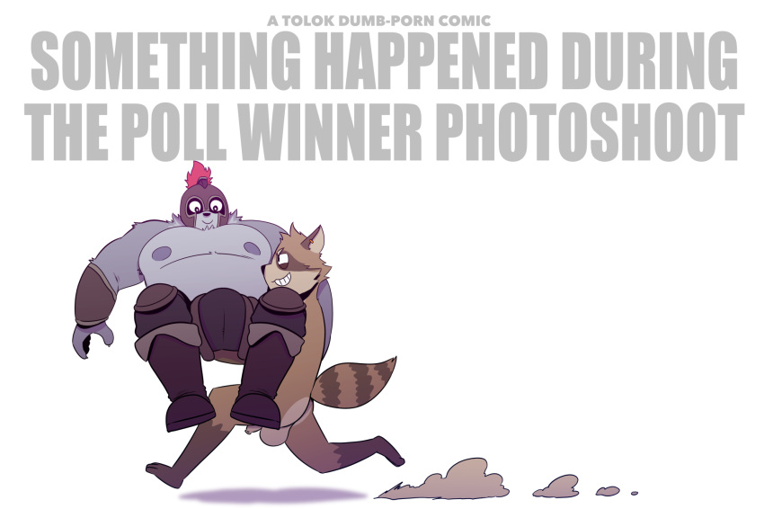 anthro anthro_on_anthro antigonus_(t0l0k) armor balls biped canid canine canis comic duo english_text fingers flaccid foreskin genitals headgear helmet hi_res humanoid_genitalia humanoid_penis interspecies julian_(t0l0k) male male/male mammal penis procyonid raccoon t0l0k tail text uncircumcised wolf