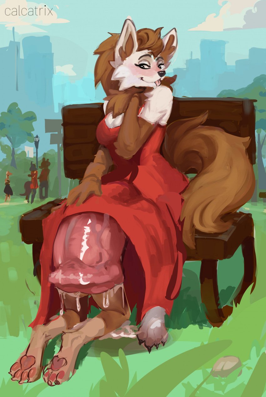 almost_fully_inside ambiguous_gender animal_genitalia animal_penis anthro balls bench big_balls big_breasts big_penis blush bodily_fluids breasts brown_body brown_fur brown_hair calcatrix canid canine canis city claws clothed clothing cock_vore cum cum_drip detailed_background digital_media_(artwork) digital_painting_(artwork) dress dripping duo equine_genitalia equine_penis erection excessive_genital_fluids exhibitionism feet female fur futanari genital_fluids genitals grass group gynomorph hair head_first hi_res huge_balls huge_cock hyper hyper_balls hyper_genitalia hyper_penis intersex intersex/female intersex/male kneeling looking_at_viewer male male_prey mammal mismatched_animal_penis mismatched_genitalia mismatched_penis outside painting_(artwork) park pawpads paws penile penis plant precum precum_drip public public_exposure red_clothing red_dress sitting sky smile solo_focus tail thick_penis tongue tongue_out tuft vein vore white_body white_fur wolf