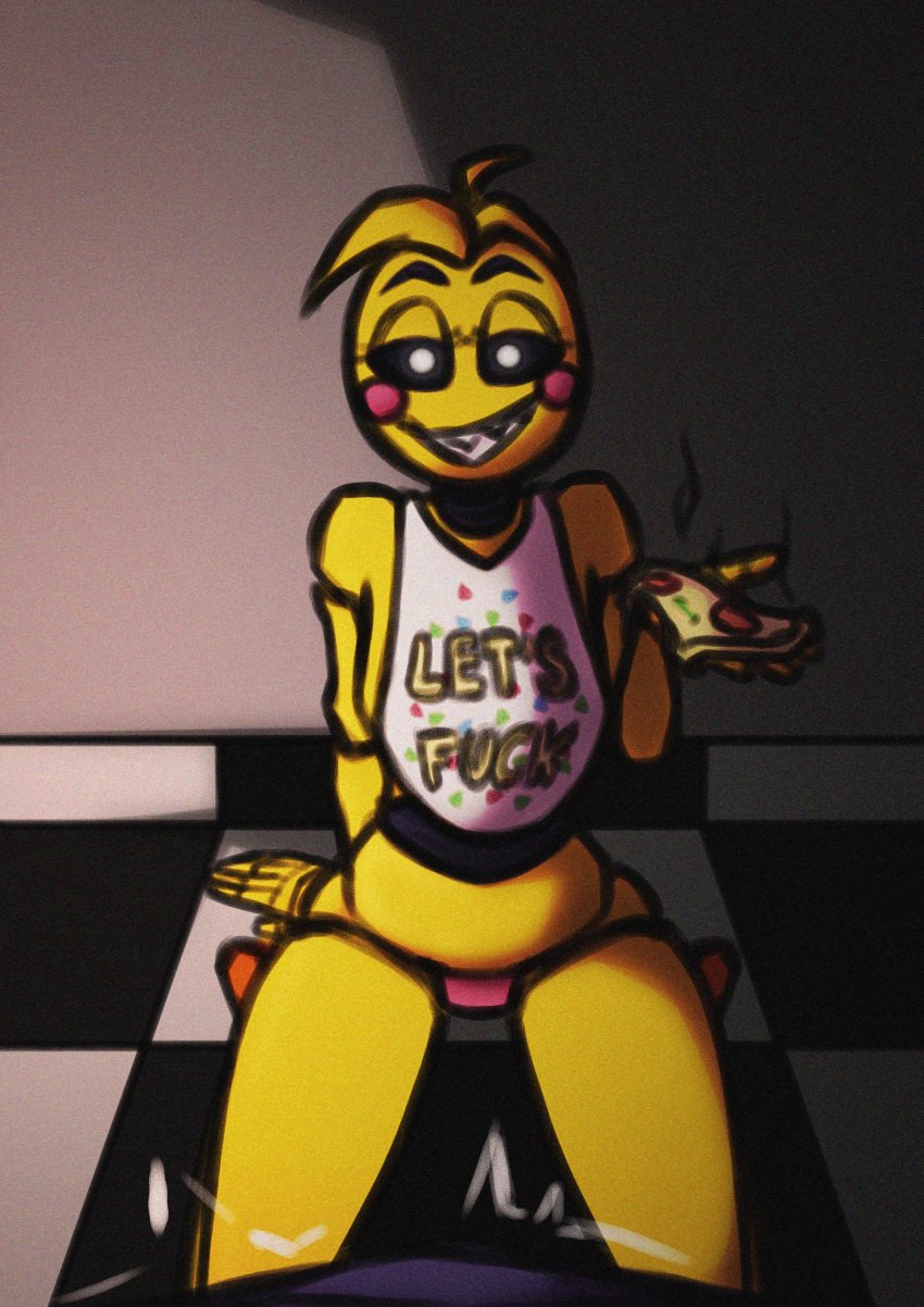 2024 absurd_res alternate_version_at_source animatronic anthro avian bedroom_eyes bird checkered checkered_floor chicken clothing digital_media_(artwork) duo female first_person_view five_nights_at_freddy&#039;s five_nights_at_freddy&#039;s_2 food galliform gallus_(genus) hi_res human lovetaste_chica machine male male/female male_pov mammal narrowed_eyes panties phasianid pizza robot scottgames seductive sharp_teeth smile teeth toy_chica_(fnaf) underwear vider viderart yellow_body
