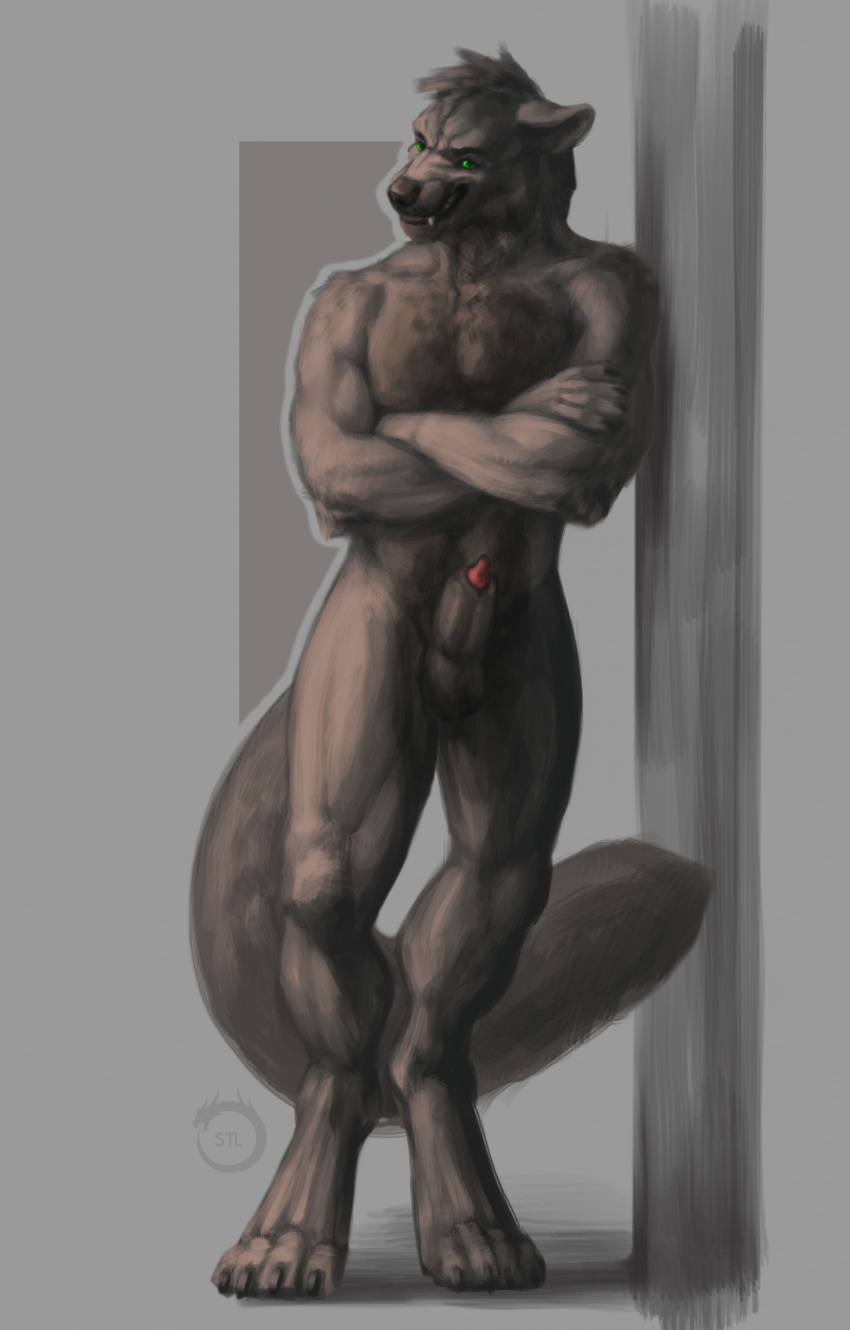 4_toes absurd_res animal_genitalia animal_penis anthro artist_logo balls biceps biped black_claws black_lips black_nose canid canine canine_genitalia canine_penis canis cheek_tuft claws crossed_arms digitigrade ears_down facial_tuft feet finger_claws fingers fluffy fluffy_tail fur genitals green_eyes grey_background grey_body grey_fur half-erect head_tuft hi_res leaning_against_wall lips lipsticking logo long_tail looking_at_viewer male mammal muscular muscular_anthro muscular_male paws pecs penis penis_tip pink_penis pivoted_ears pose pyndan seductive shaded sharp_teeth sheath simple_background smile snaggle_tooth solo st.likhod standing tail teeth toe_claws toes tuft watermark whisker_spots wolf