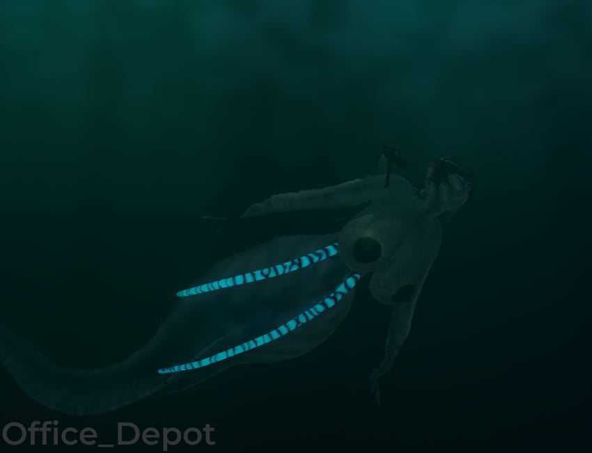 ambiguous_gender anthro big_breasts big_nipples breasts duo female female/ambiguous genitals hi_res human large_female mammal monster nipples office_depot_(artist) pussy sea squidshark_(subnautica) subnautica underwater unknown_worlds_entertainment water