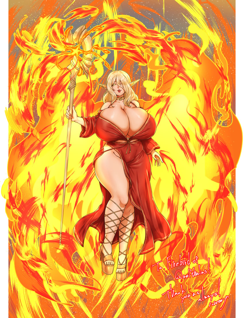 blonde_hair cleavage collar dress elf fiery_wings fire fire_manipulation full_lips glowing_eyes ham121ham huge_breasts lipstick looking_at_viewer open_toe_shoes red_dress smiling smiling_at_viewer staff thick_thighs toes wide_hips yellow_eyes