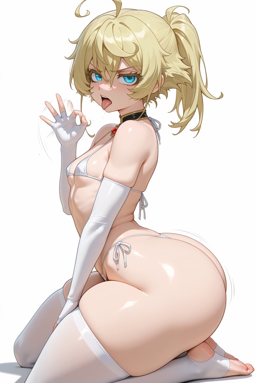 1girls ai_generated ass bare_shoulders bikini blonde_hair blowjob_gesture blue_eyes bouncing_ass brat breasts dumptruck_ass gloves hi_res huge_ass light-skinned_female light_skin looking_at_viewer micro_bikini petite ponytail shortstack small_breasts solo tanya_degurechaff thick_thighs thighhighs tongue tongue_out twerking youjo_senki