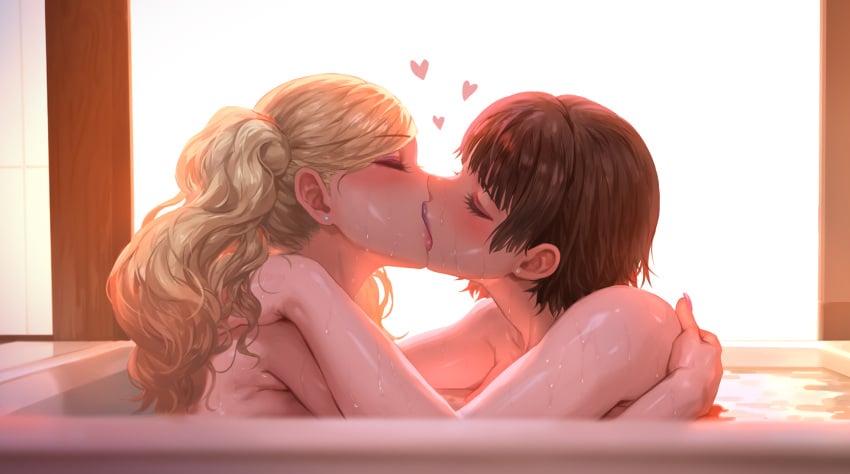 2girls ann_takamaki bath bathtub blonde_hair blush braid brown_hair closed_eyes commentary_request crown_braid cup day drinking_glass earrings hand_on_another's_shoulder heart highres indoors jewelry kissing lipstick long_hair makeup makoto_niijima megami_tensei multiple_girls niijima_makoto nude persona persona_5 same-sex_bathing shared_bathing short_hair snowing sunlight takamaki_anne twintails variant_set water wet wine_glass yuri yuritamashi