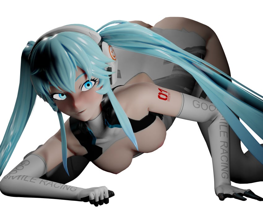 ass_up bent_over blender blue_eyes blue_hair breasts hatsune_miku looking_at_viewer racing_miku smile tagme twintails