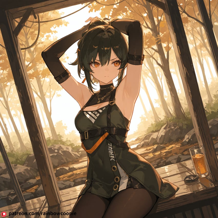 ai_generated angry armpits beautfiul_background forest rin_(zenless_zone_zero) scratched seated_hands_on_lap small_breasts stunning_backgroud