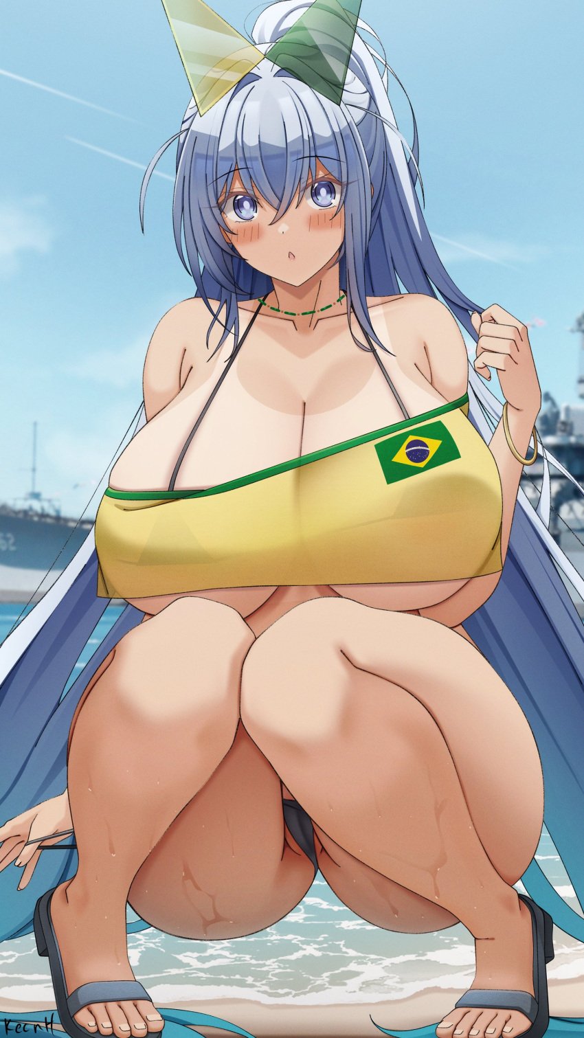 :o absurdres azur_lane beach bikini black_bikini black_footwear blue_eyes blue_hair blush brazilian_flag breasts cameltoe cleavage collarbone crotch curvy female hair_between_eyes hair_ornament highres huge_breasts jewelry keenh long_hair looking_at_viewer necklace new_jersey_(azur_lane) ocean open_mouth outdoors sandals ship sidelocks signature solo squatting swimsuit tan tanline thighs toes very_long_hair watercraft wet