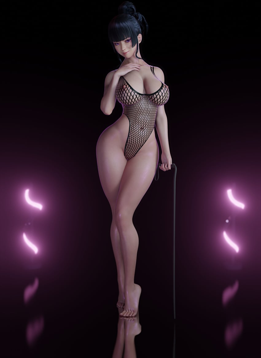 3d athletic big_breasts bikini black_hair breasts busty dead_or_alive female female_only fishnet fishnets large_breasts leotard long_hair naked ninesix nude nude_female nudity nyotengu one-piece_swimsuit smug whip wide_hips