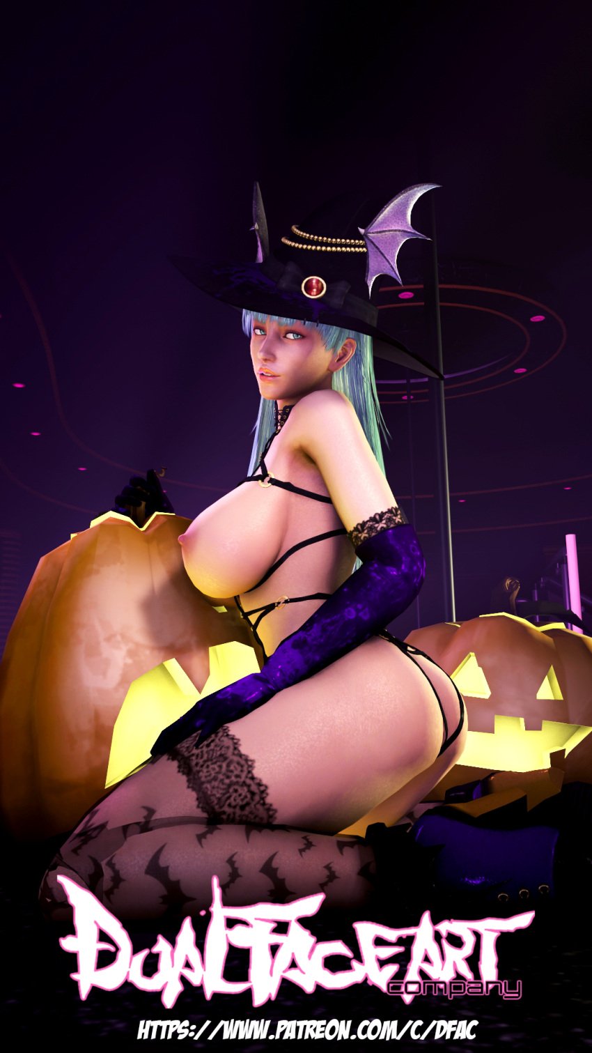 1girls 3d ass big_ass big_breasts breasts darkstalkers dualfaceart female female_only green_eyes green_hair halloween hat head_wings huge_breasts large_ass large_breasts long_hair morrigan_aensland