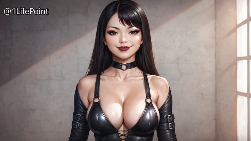 1lifepoint armwear asian asian_female big_breasts busty choker cleavage dark_lipstick elbow_gloves eyeshadow highres leather leather_clothing lipstick looking_at_viewer straps wallpaper